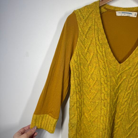 Anthropologie Pilcro Top L Yellow Cable Sweater Dually Clad Pullover Knit V-Neck - Picture 6 of 7